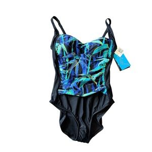 Azul by Maxine of Hollywood Sz 14 Black Leaf Women’s One Piece Swimsuit NWT